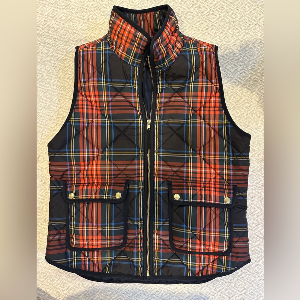 J. Crew Tartan Puffer Vest Navy, Red, Plaid, Holiday, Festive, Fall, Winter